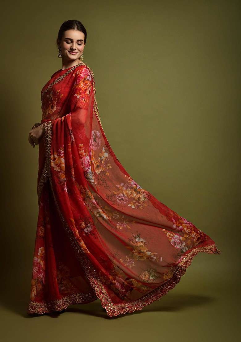Red Aari Embroidered Georgette Saree Set - Indya