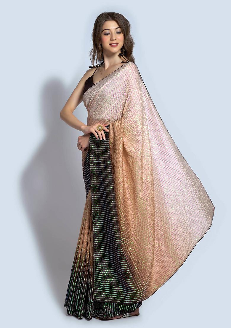 Beige Sequin Embroidered Satin Saree Set