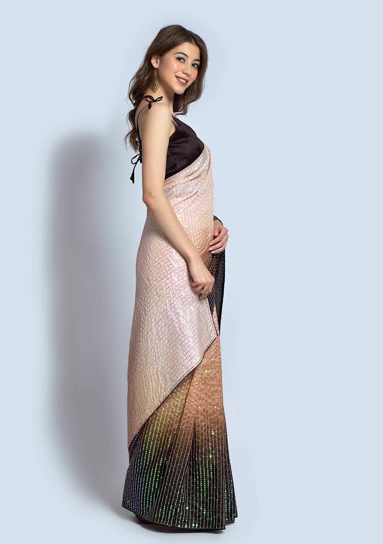 Beige Sequin Embroidered Satin Saree Set
