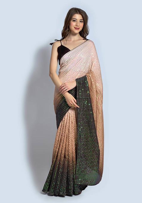 Beige Sequin Embroidered Satin Saree Set