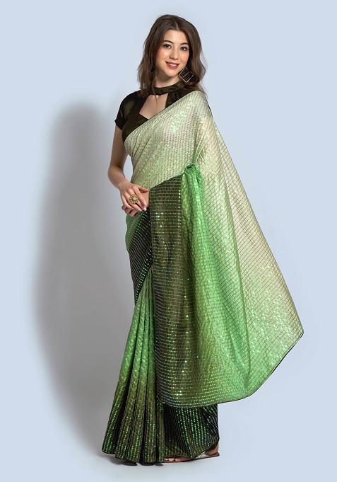 Green Sequin Embroidered Satin Saree Set