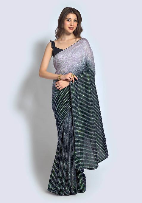 Grey Sequin Embroidered Satin Saree Set