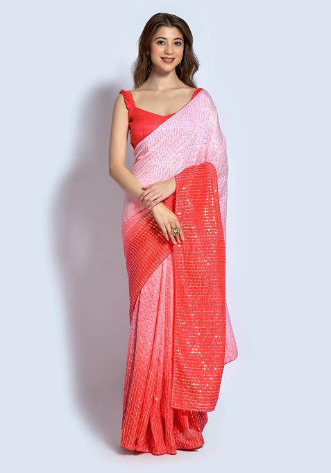 Red Sequin Embroidered Satin Saree Set