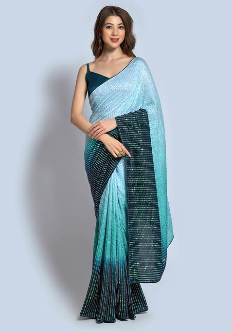 Turquoise Sequin Embroidered Satin Saree Set