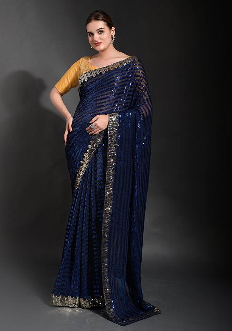 Blue Sequin Embroidered Georgette Saree Set