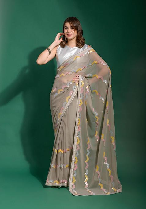 Beige Sequin Embroidered Georgette Saree Set