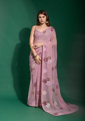 Pink Sequin Embroidered Georgette Saree Set