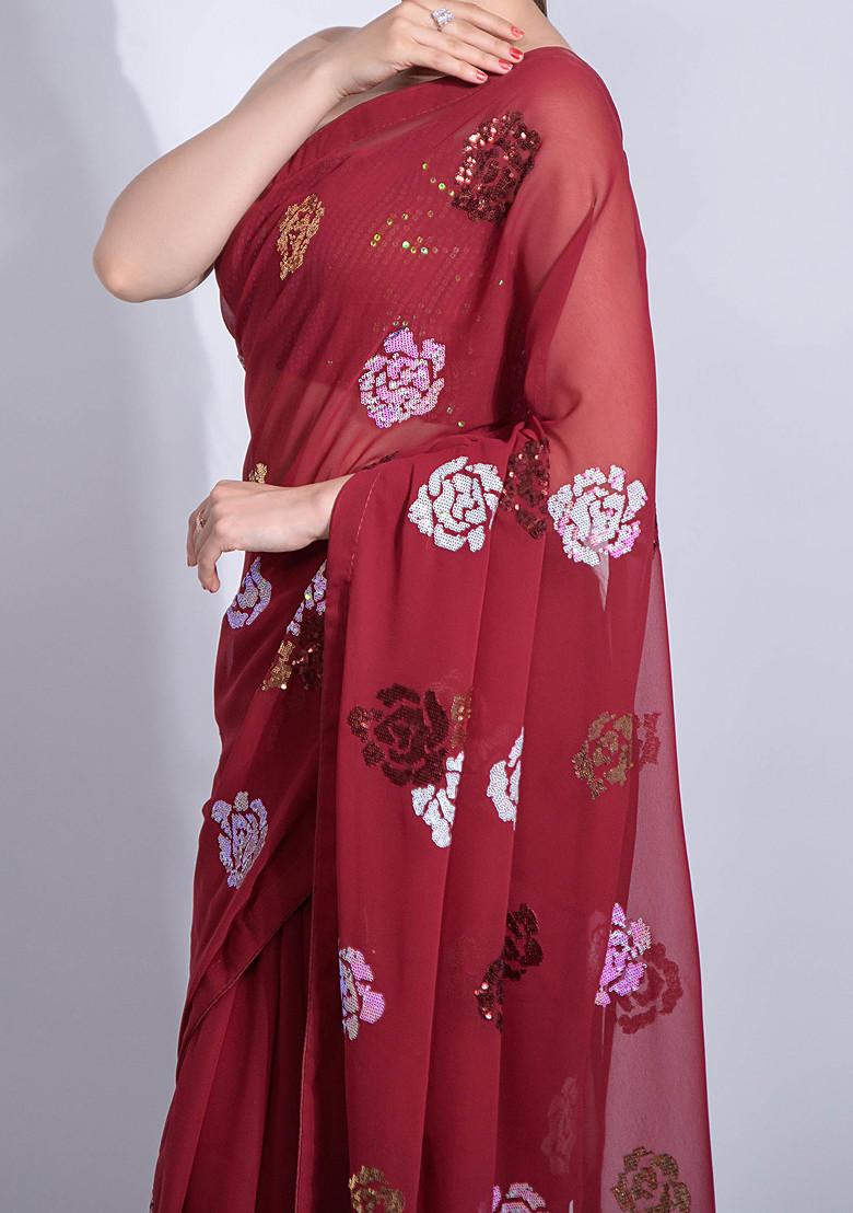 Maroon Sequin Embroidered Georgette Saree Set - Indya
