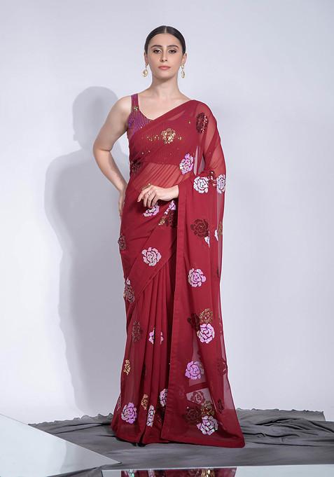 Maroon Sequin Embroidered Georgette Saree Set