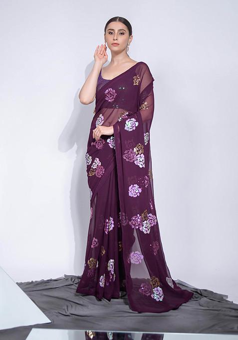 Wine Sequin Embroidered Georgette Saree Set