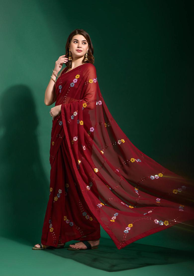 Maroon Sequin Embroidered Georgette Saree Set