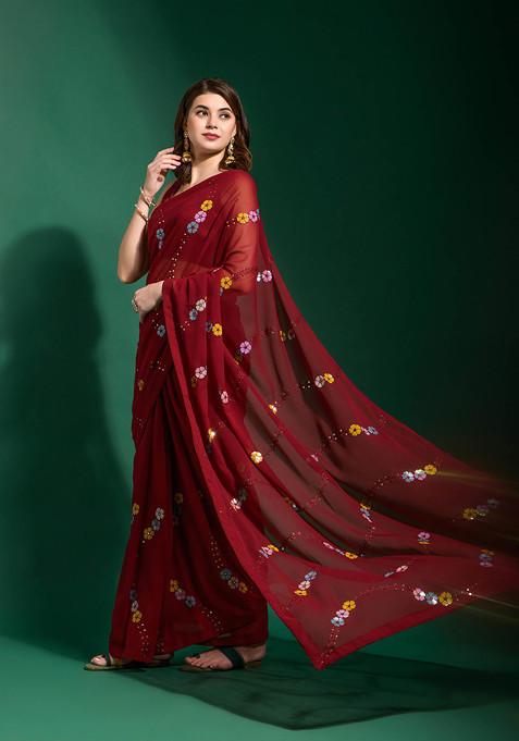 Maroon Sequin Embroidered Georgette Saree Set