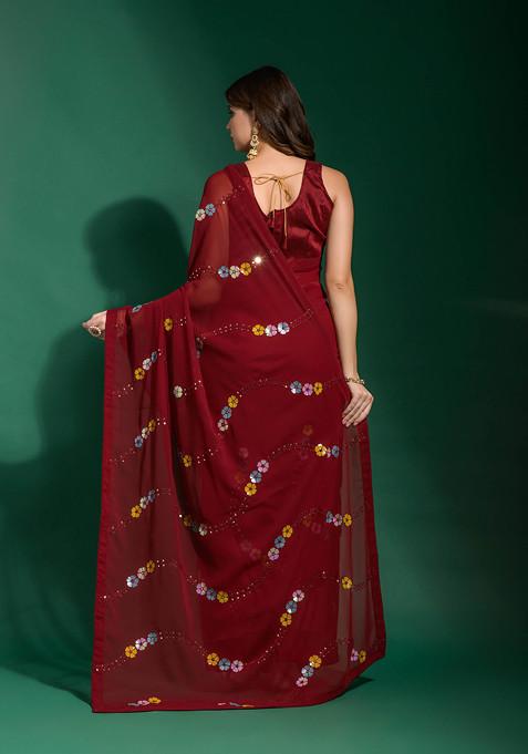 Maroon Sequin Embroidered Georgette Saree Set