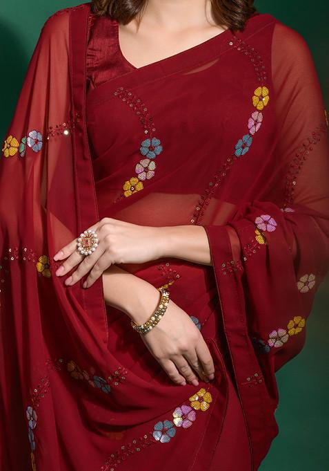 Maroon Sequin Embroidered Georgette Saree Set