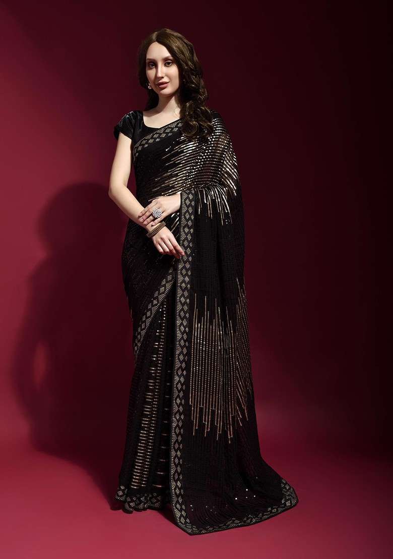 Black Georgette Saree Set with Embroidered & Sequin for Diwali | Wedding & Festive Wear - Indya
