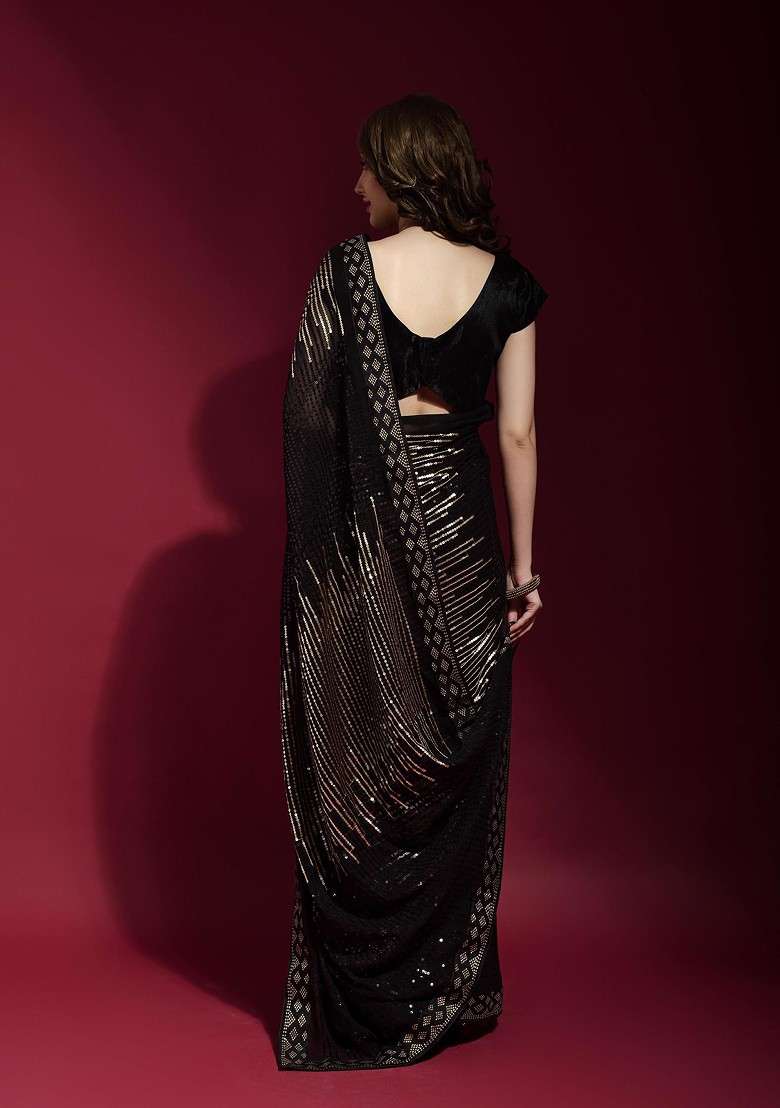 Black Georgette Saree Set with Embroidered & Sequin for Diwali | Wedding & Festive Wear - Indya
