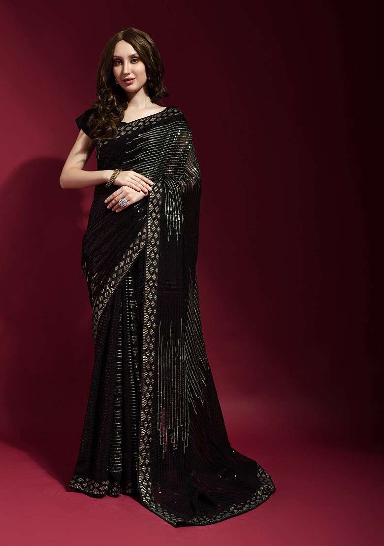 Black Georgette Saree Set with Embroidered for Diwali | Wedding & Festive Wear - Indya