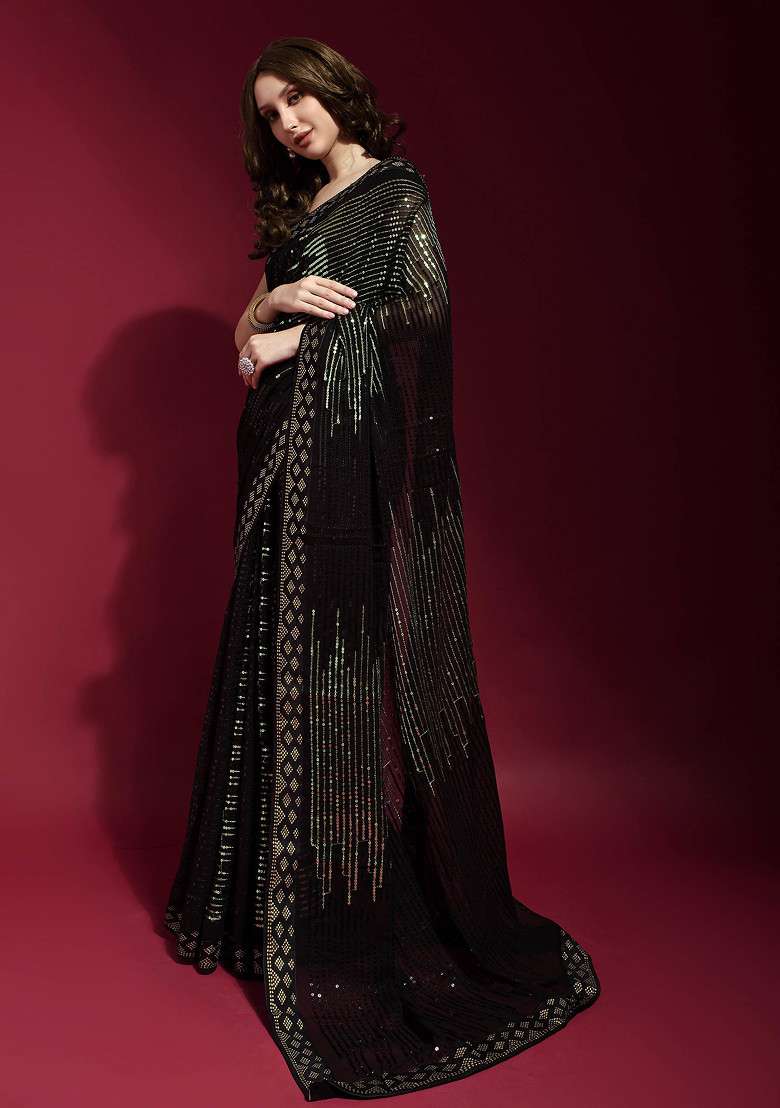 Black Georgette Saree Set with Embroidered for Diwali | Wedding & Festive Wear - Indya