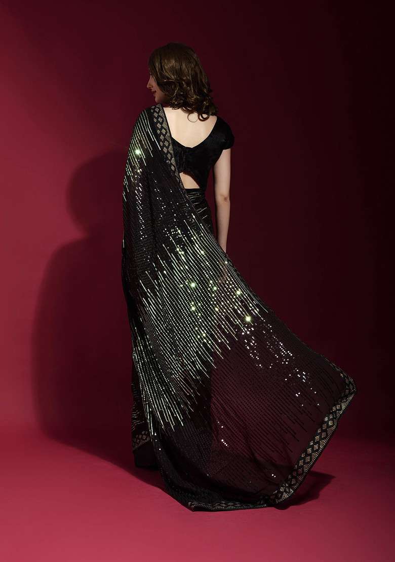 Black Georgette Saree Set with Embroidered for Diwali | Wedding & Festive Wear - Indya