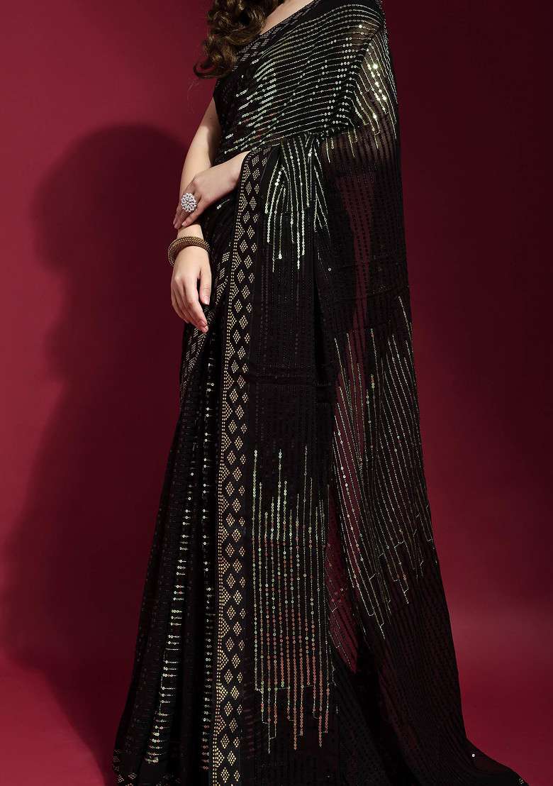 Black Georgette Saree Set with Embroidered for Diwali | Wedding & Festive Wear - Indya