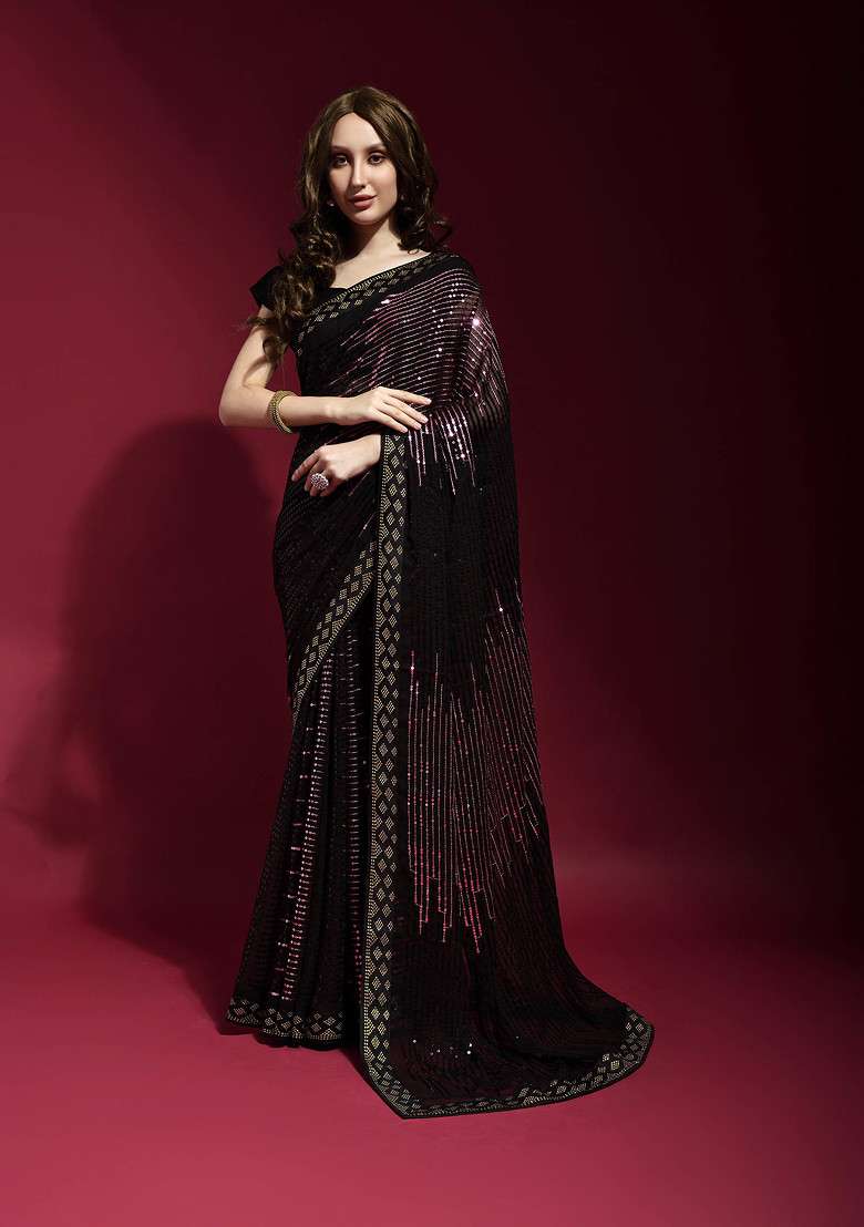 Black Georgette Saree Set with Embroidered for Diwali | Wedding & Festive Wear - Indya