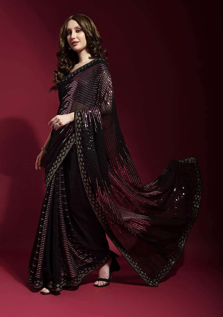 Black Georgette Saree Set with Embroidered for Diwali | Wedding & Festive Wear - Indya
