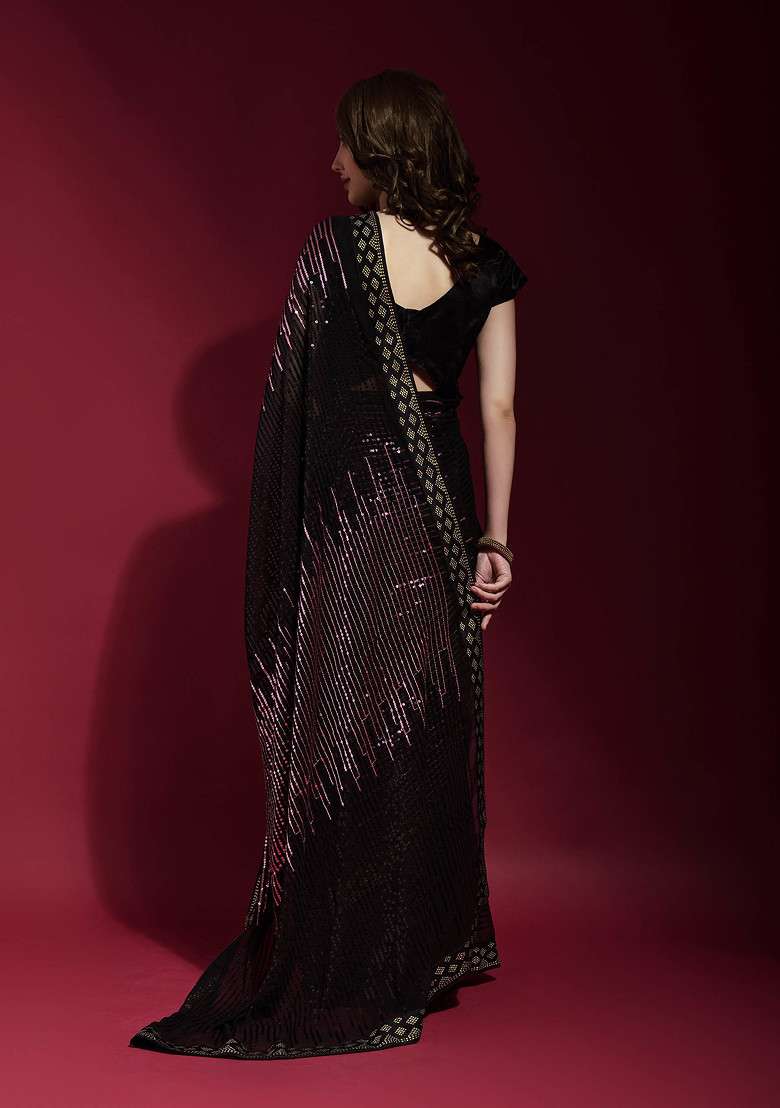 Black Georgette Saree Set with Embroidered for Diwali | Wedding & Festive Wear - Indya