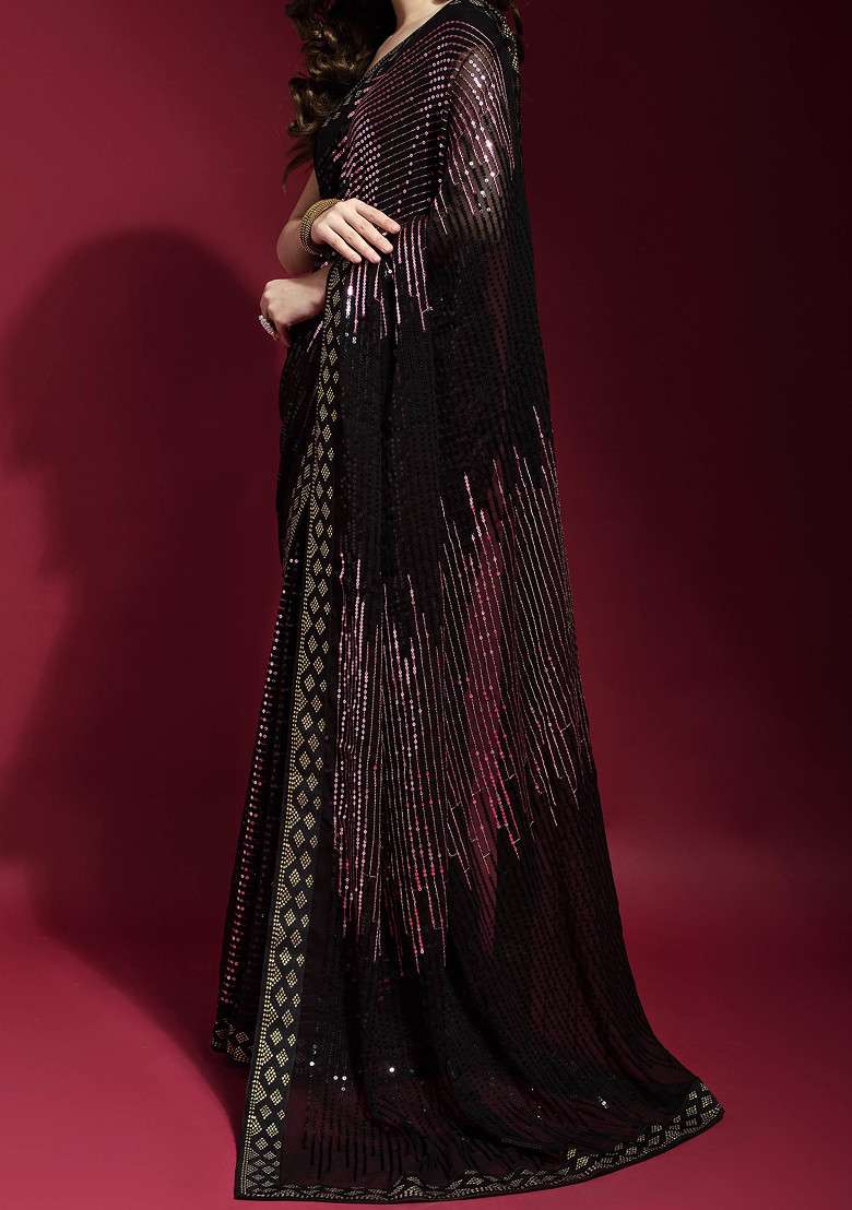 Black Georgette Saree Set with Embroidered for Diwali | Wedding & Festive Wear - Indya