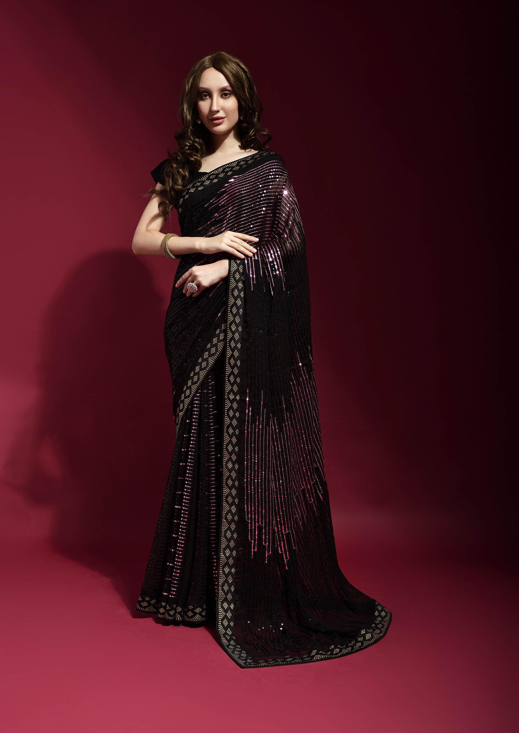 Black Embroidered Georgette Saree Set