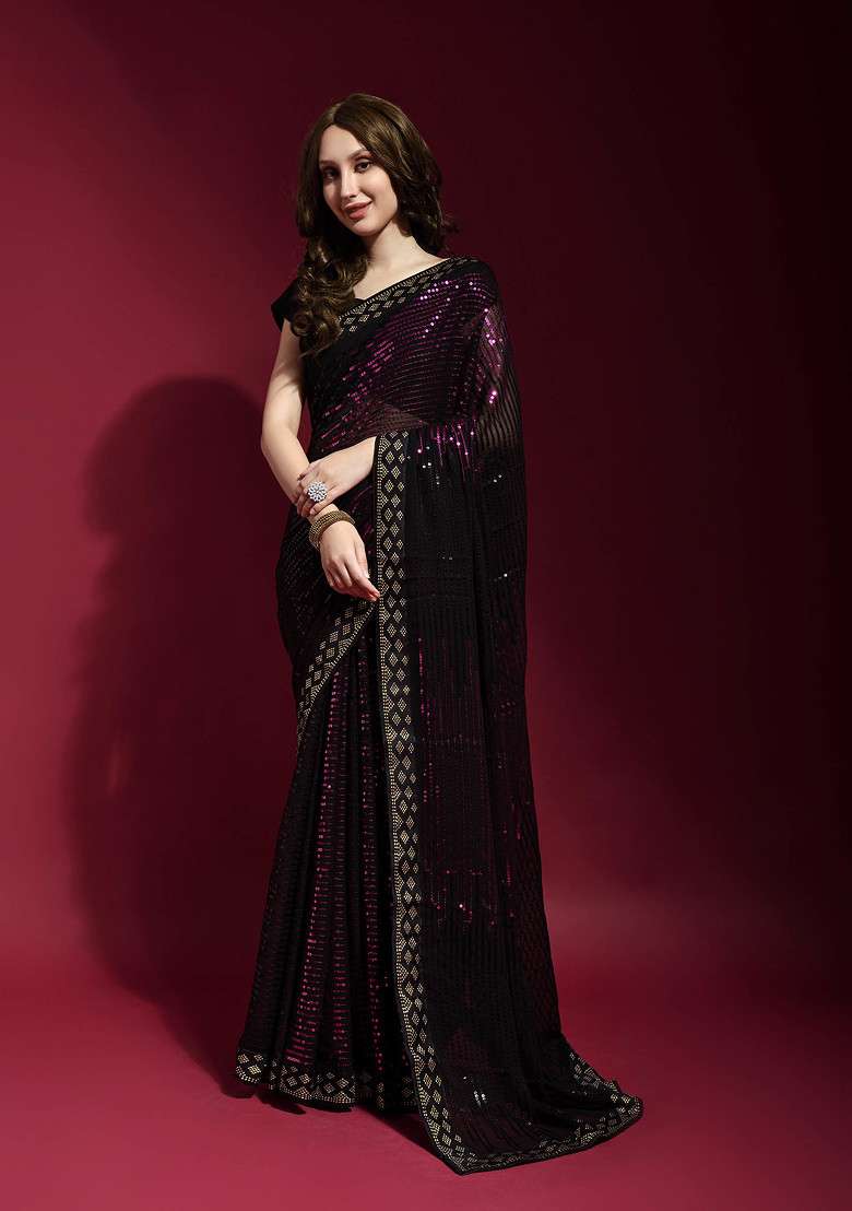 Black Sequin Embroidered Georgette Saree Set for Diwali and Festive Wear - Indya