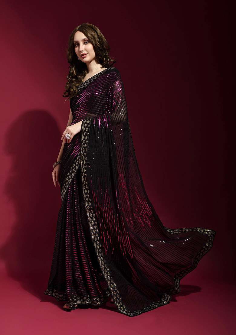 Black Sequin Embroidered Georgette Saree Set for Diwali and Festive Wear - Indya