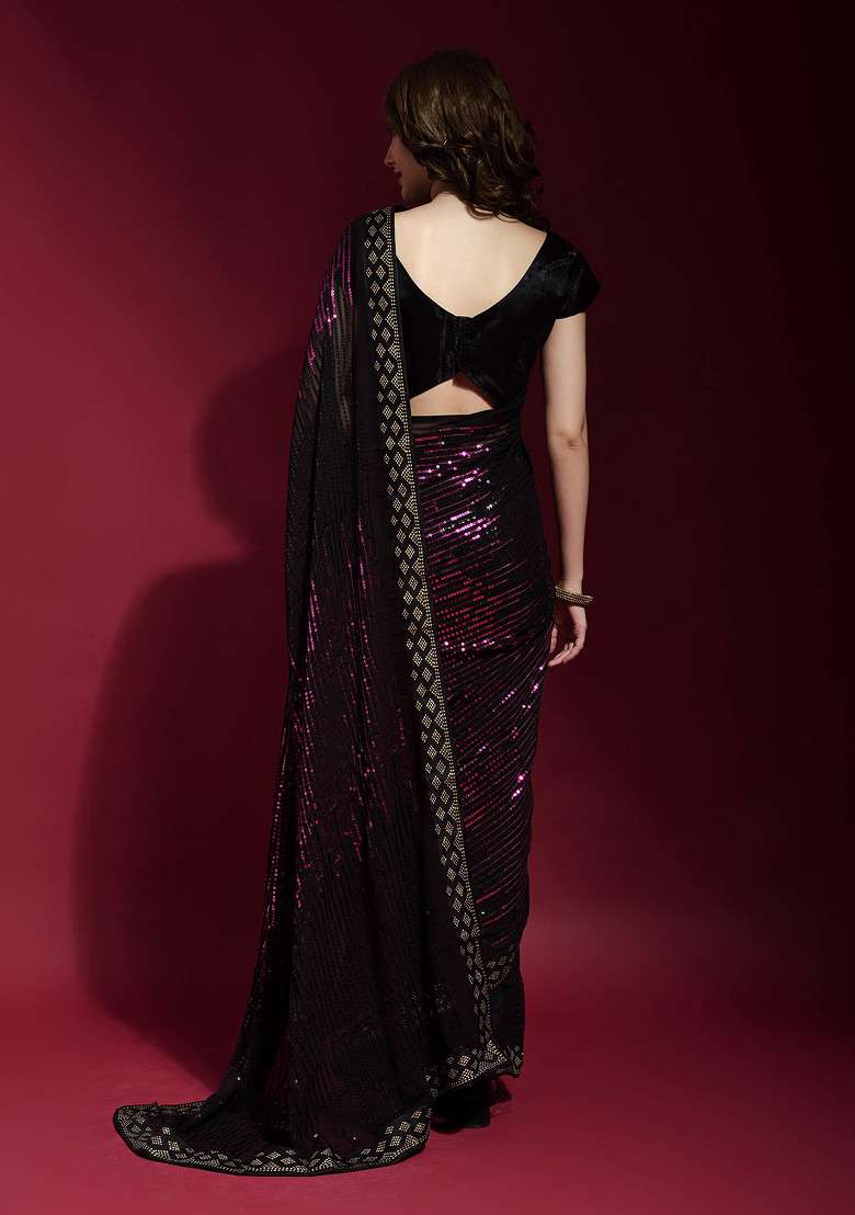 Black Sequin Embroidered Georgette Saree Set for Diwali and Festive Wear - Indya