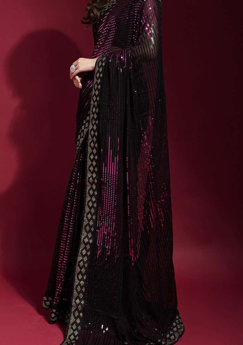 Black Sequin Embroidered Georgette Saree Set for Diwali and Festive Wear - Indya