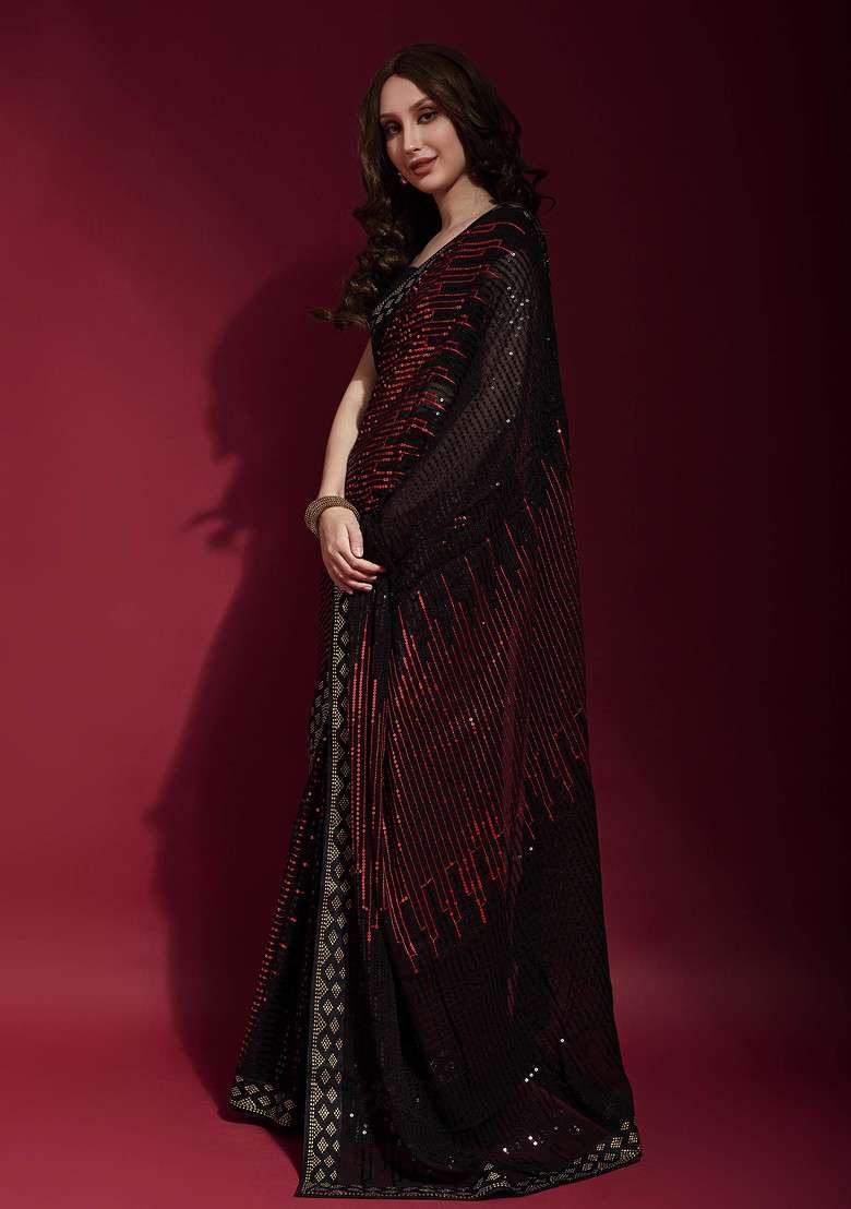 Black Embroidered Georgette Saree Set for Diwali and Festive Wear - Indya