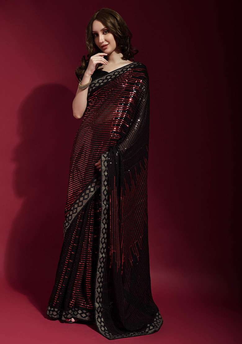 Black Embroidered Georgette Saree Set for Diwali and Festive Wear - Indya