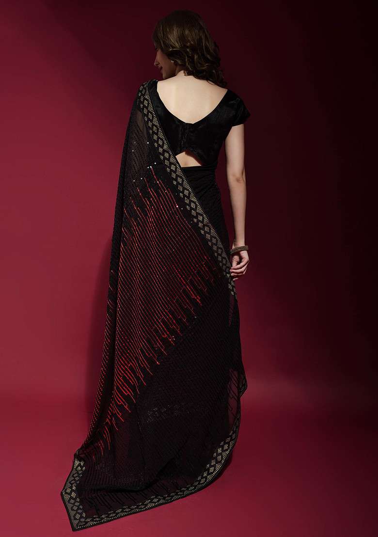 Black Embroidered Georgette Saree Set for Diwali and Festive Wear - Indya
