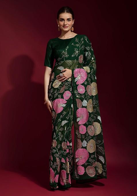 Green Sequin Embroidered Georgette Saree Set