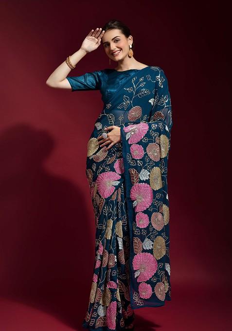 Blue Sequin Embroidered Georgette Saree Set