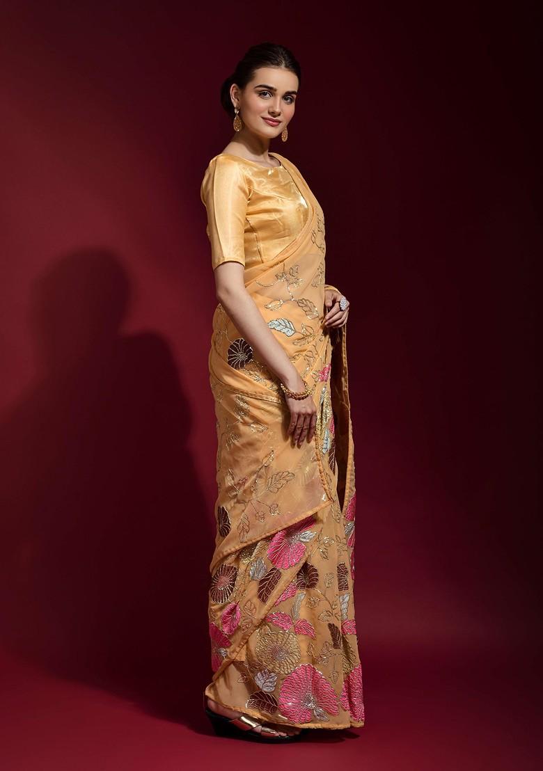 Yellow Sequin Embroidered Georgette Saree Set