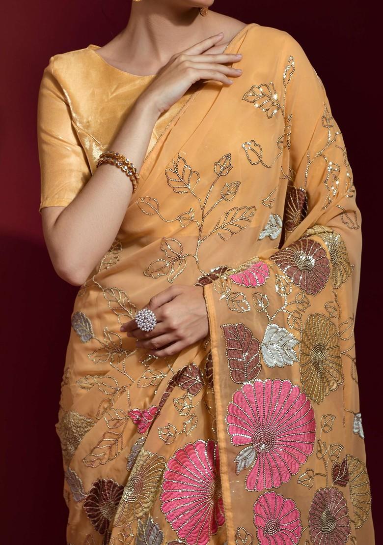 Yellow Sequin Embroidered Georgette Saree Set