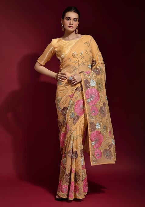 Yellow Sequin Embroidered Georgette Saree Set