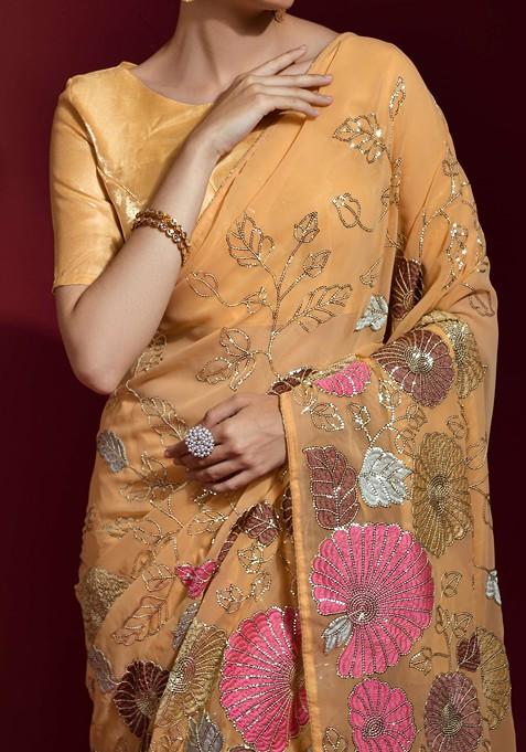 Yellow Sequin Embroidered Georgette Saree Set