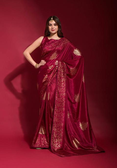 Maroon Foil Print Silk Saree Set