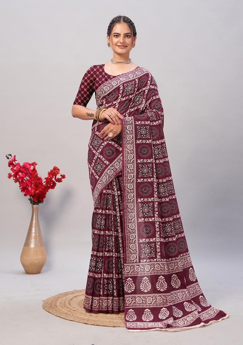 Wine Ajrakh Print Soft Cotton Saree Set