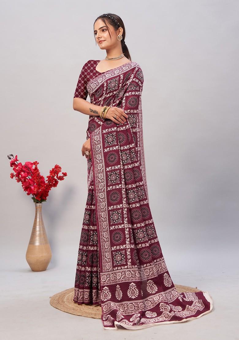 Wine Ajrakh Print Soft Cotton Saree Set