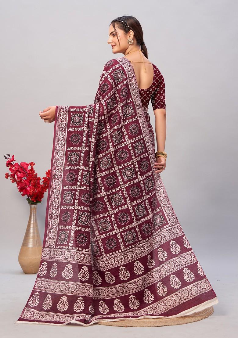 Wine Ajrakh Print Soft Cotton Saree Set