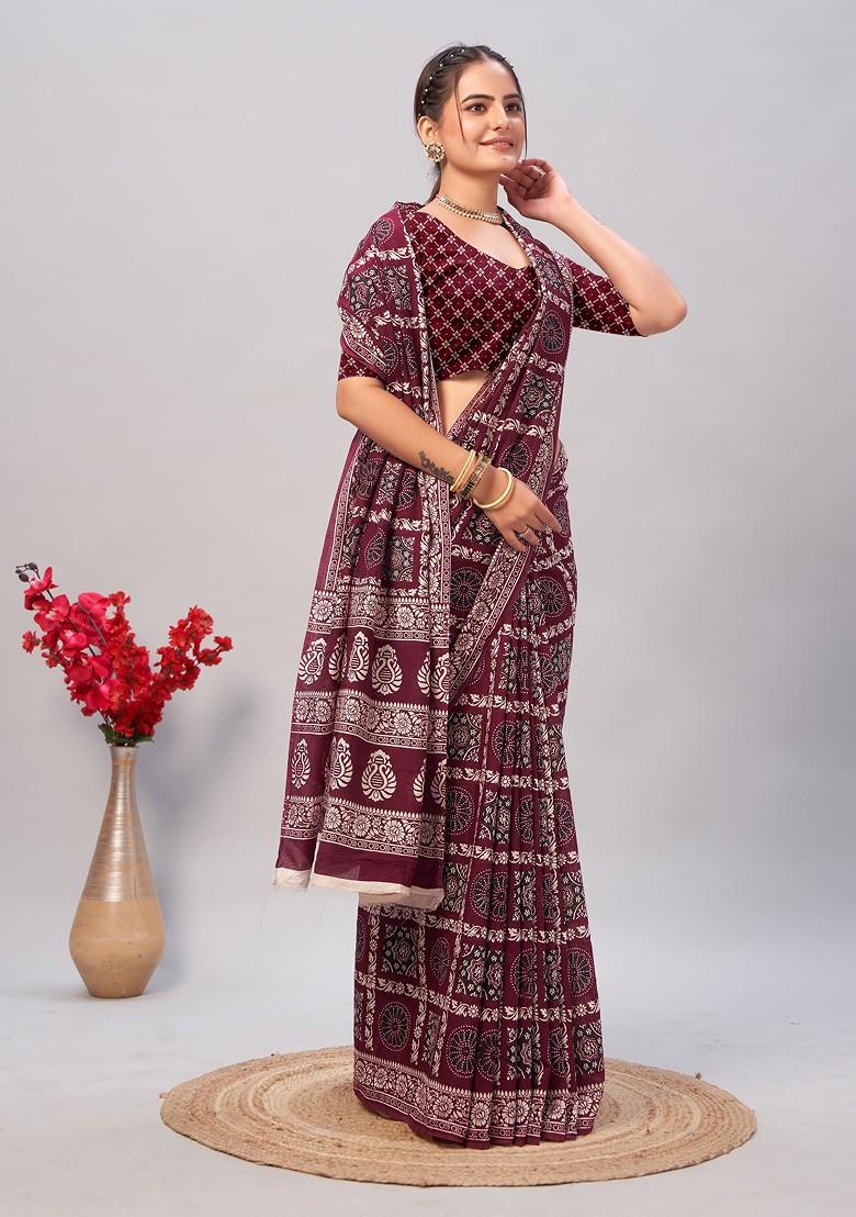 Wine Ajrakh Print Soft Cotton Saree Set