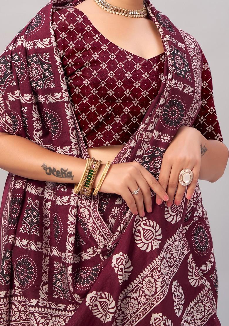 Wine Ajrakh Print Soft Cotton Saree Set