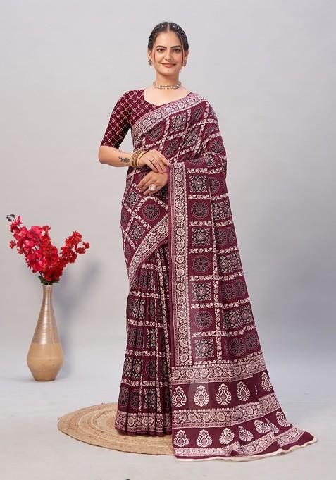 Wine Ajrakh Print Soft Cotton Saree Set