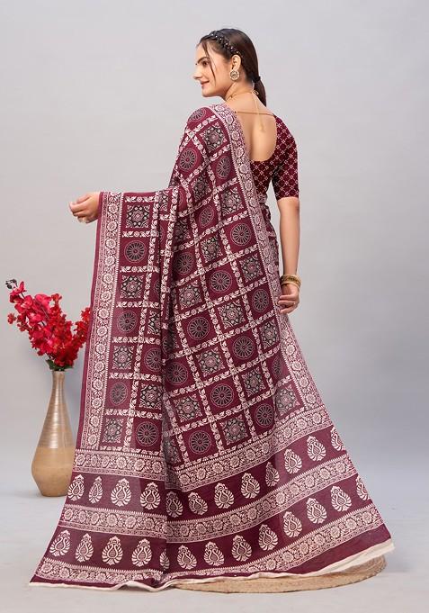 Wine Ajrakh Print Soft Cotton Saree Set